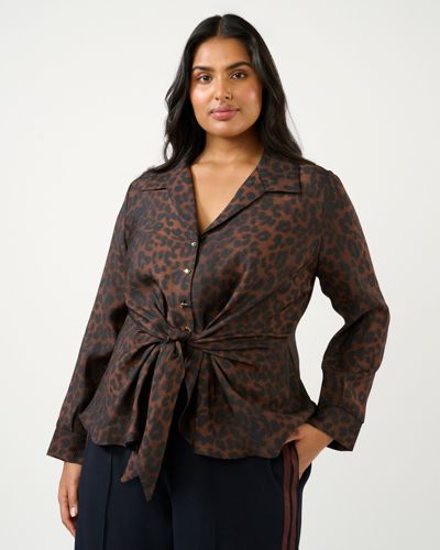 ESTELLE Women's Leona Leopard V-Neck Button Tie-Front Shirt