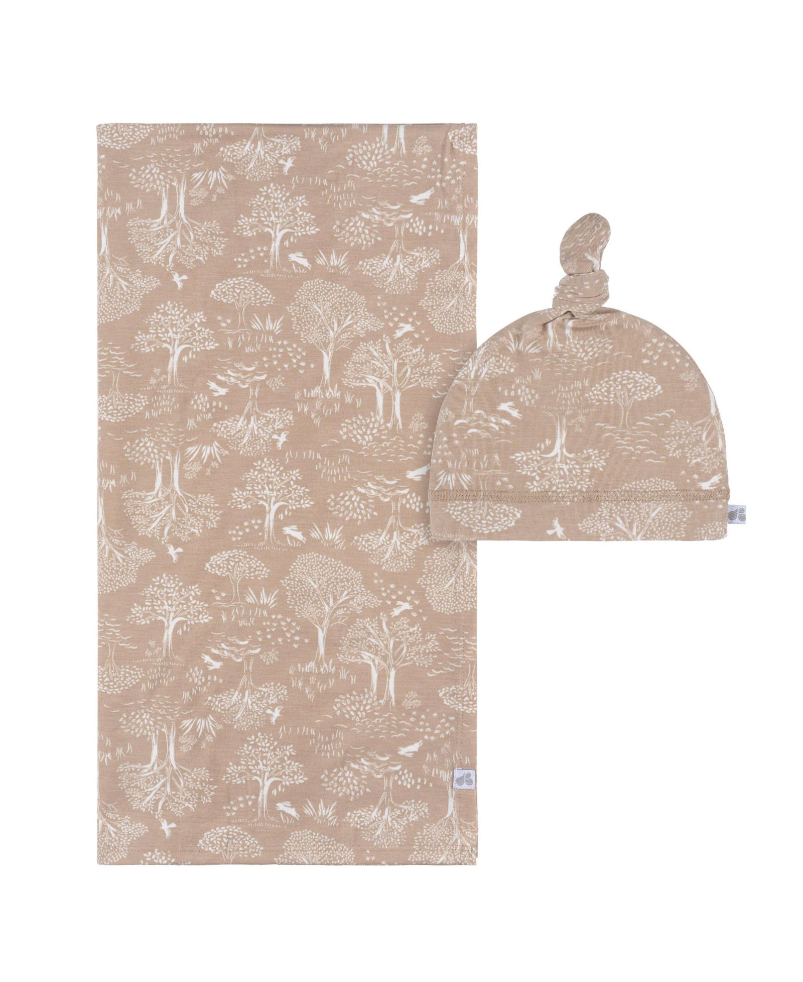 Just Born Baby 2-Piece Swaddle Blanket and Hat Set, Ivory Tan Forest, One Size