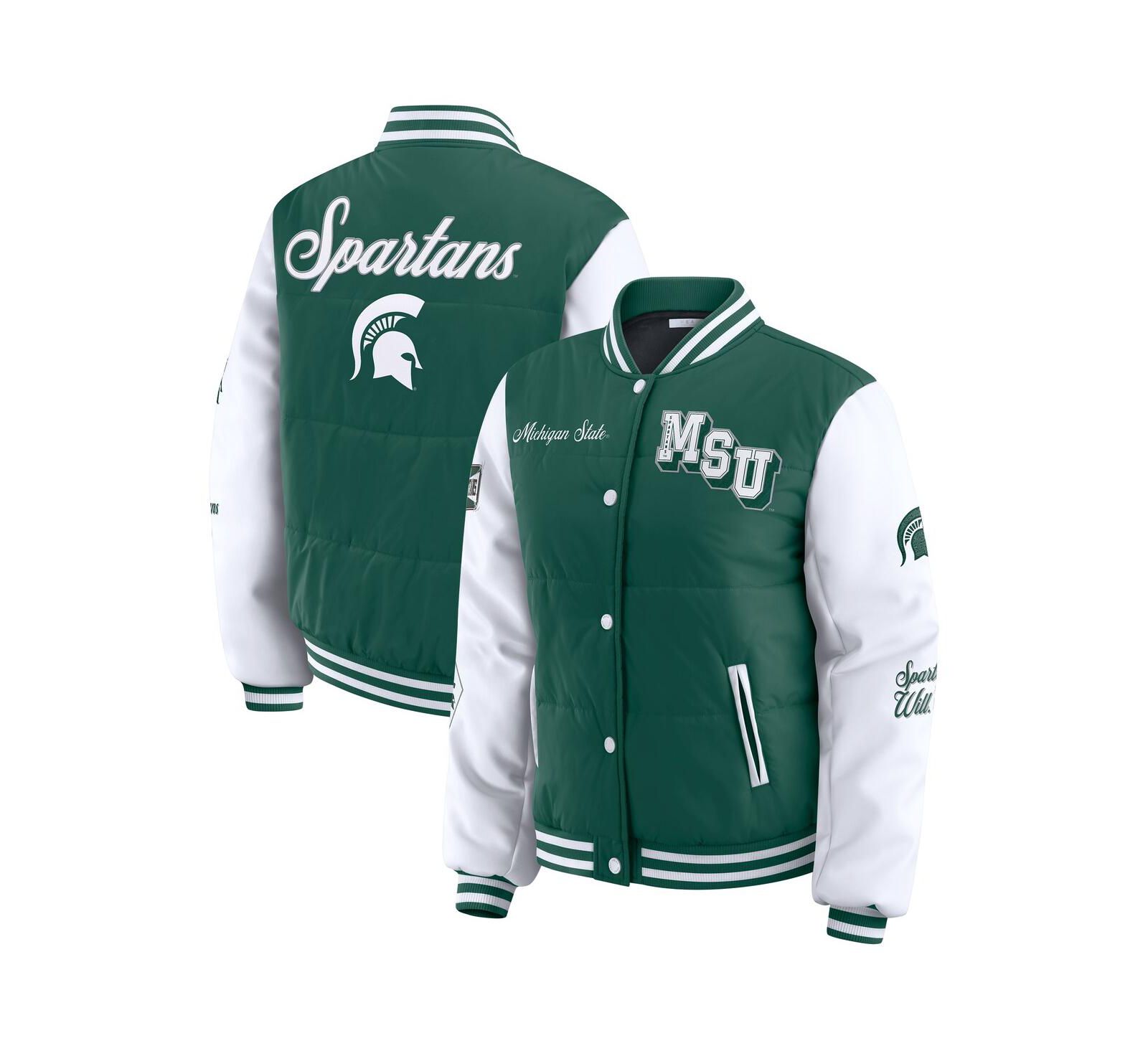 Женская куртка WEAR by Erin Andrews Green Michigan State Spartans Varsity Full-Snap Puffer