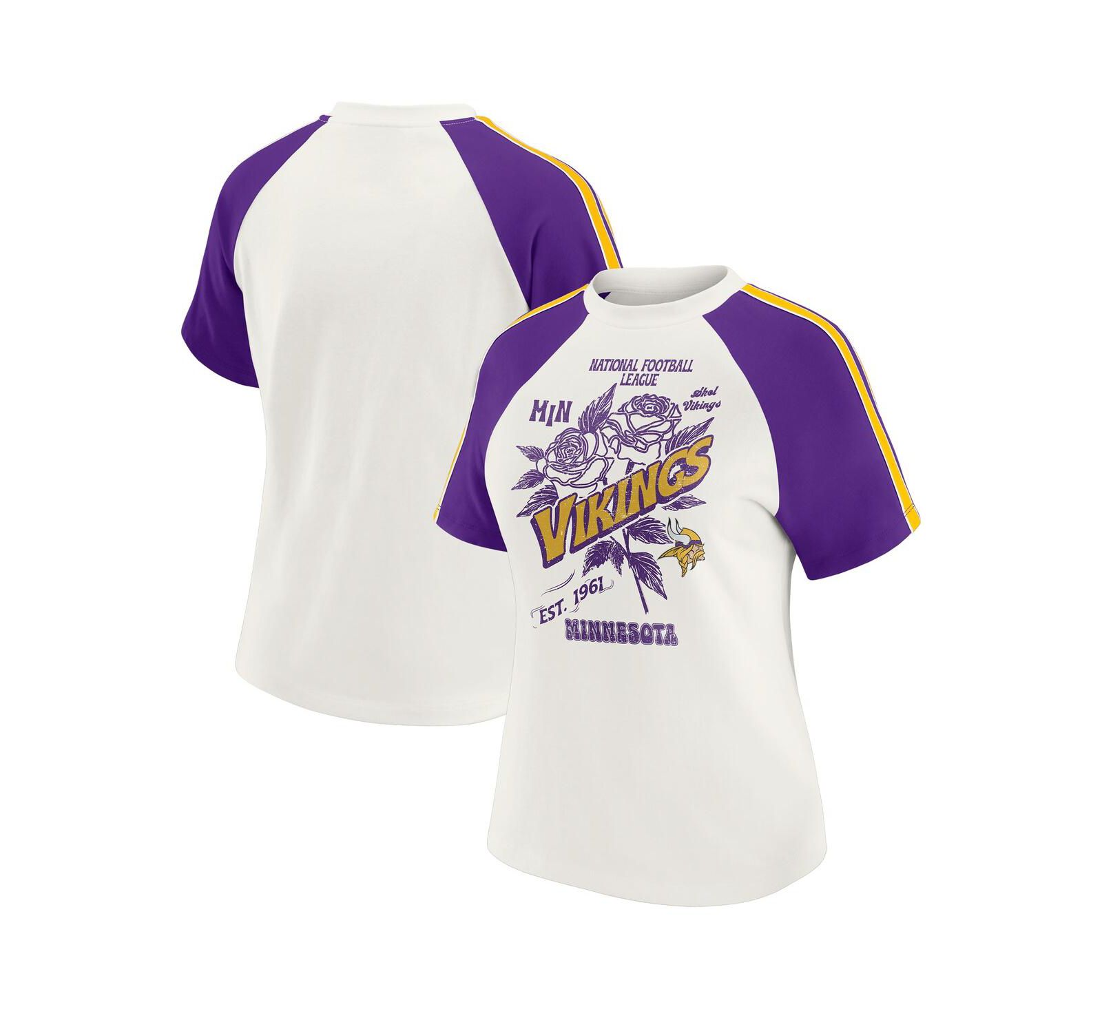 WEAR by Erin Andrews Women's White Minnesota Vikings Sleeve Stripe Distressed Raglan T-Shirt