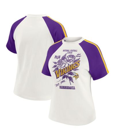 WEAR by Erin Andrews Women's White Minnesota Vikings Sleeve Stripe Distressed Raglan T-Shirt
