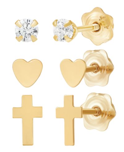 Детский набор из 3 пар серег-гвоздиков 10k Yellow Gold
