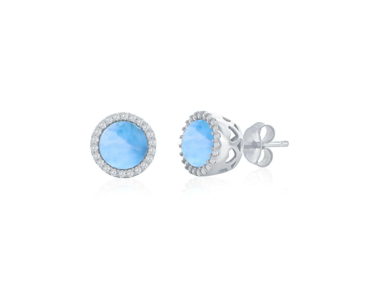 Sterling , Round Larimar, CZ Halo Studs