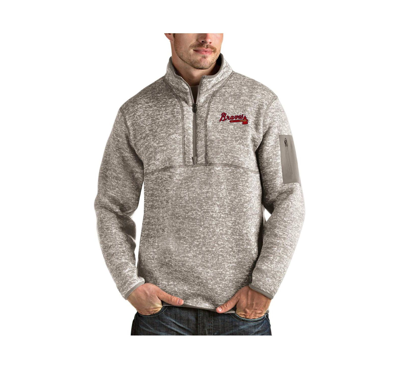 Antigua Men's Oatmeal Atlanta Braves Fortune Quarter-Zip Pullover Sweatshirt