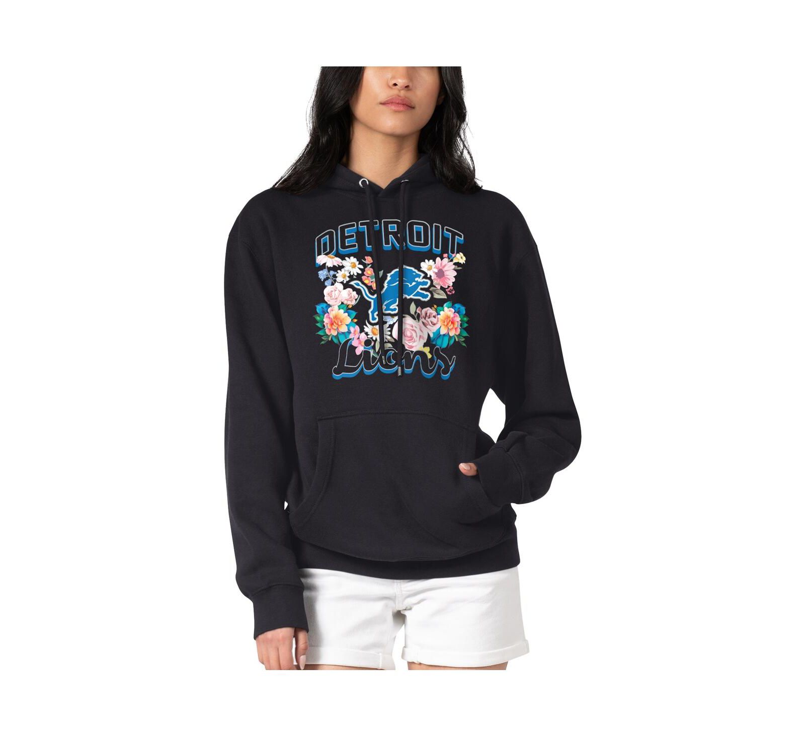 G-III 4Her by Carl Banks Women's Black Detroit Lions Flowers Team Logo Graphic Fleece Pullover Hoodie