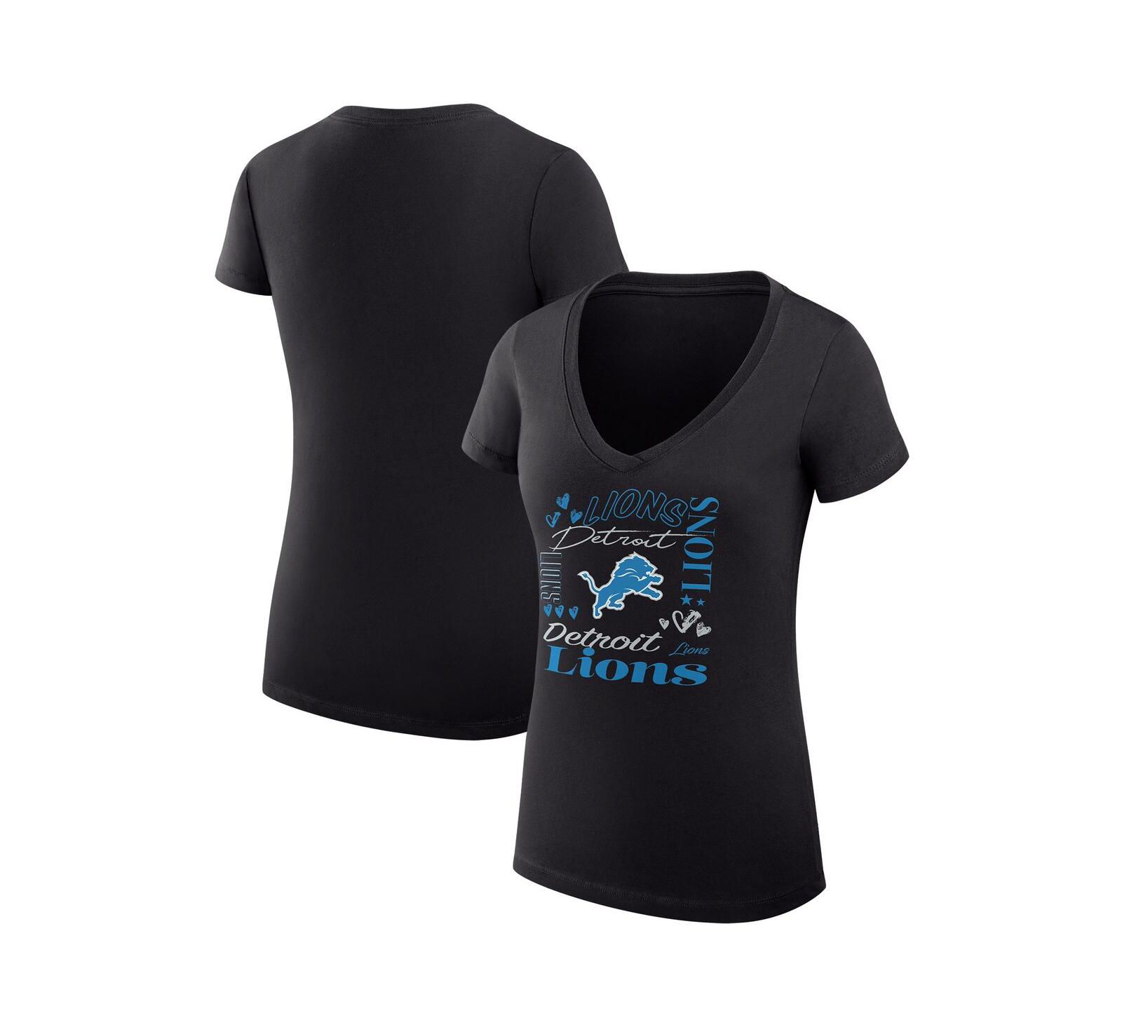 G-III 4Her by Carl Banks Women's Black Detroit Lions Super-Slim Fit Lightweight Collage Team V-Neck T-Shirt