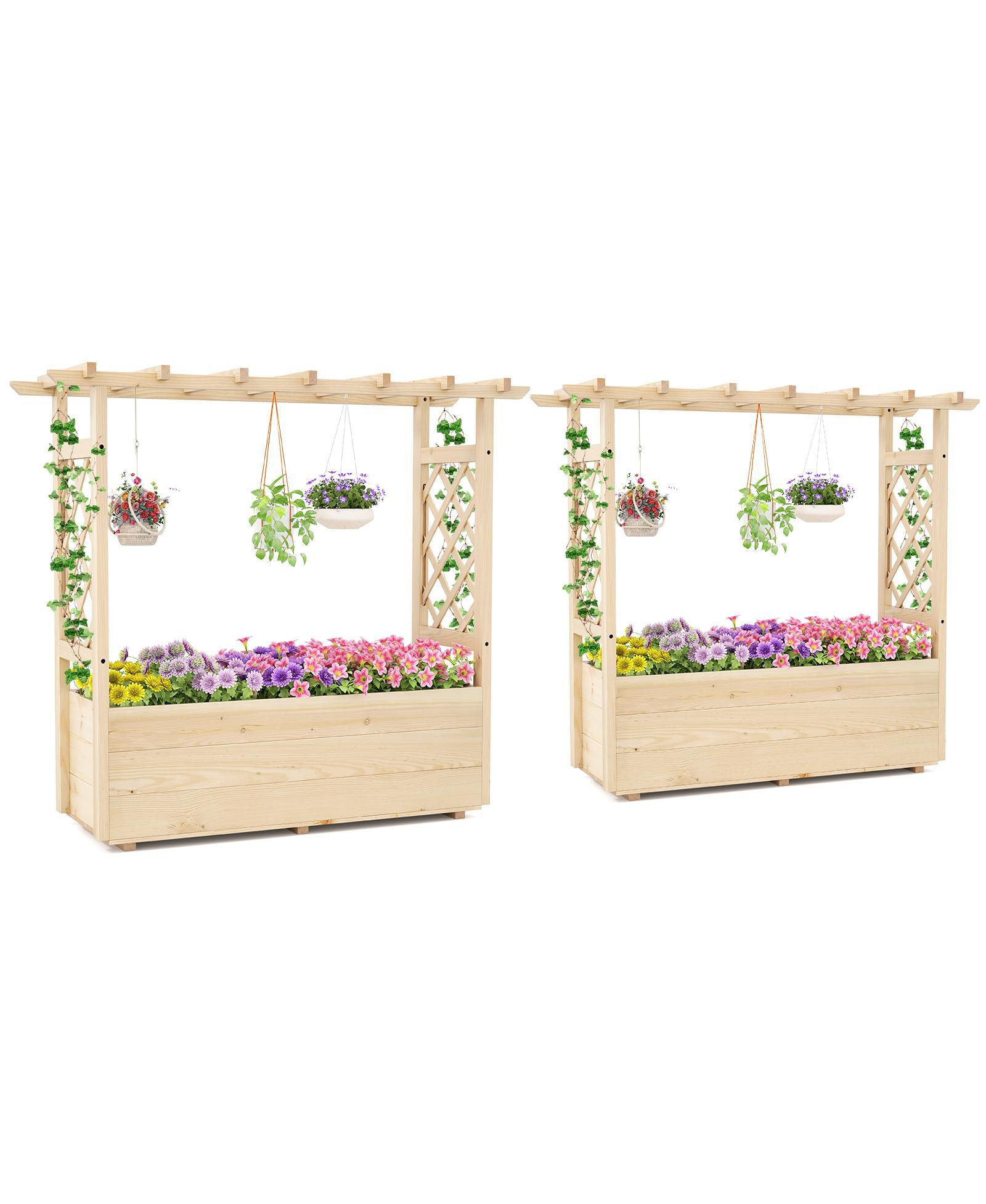 Gymax 2PCS Wooden Raised Garden Bed/ Lattice Trellises Hanging Roof Drainage Outdoor
