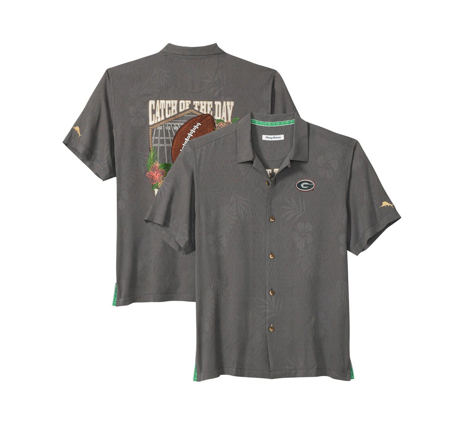 Tommy Bahama Мужская рубашка с коротким рукавом Gray Georgia Bulldogs Catch of the Day Camp IslandZone Button-Up
