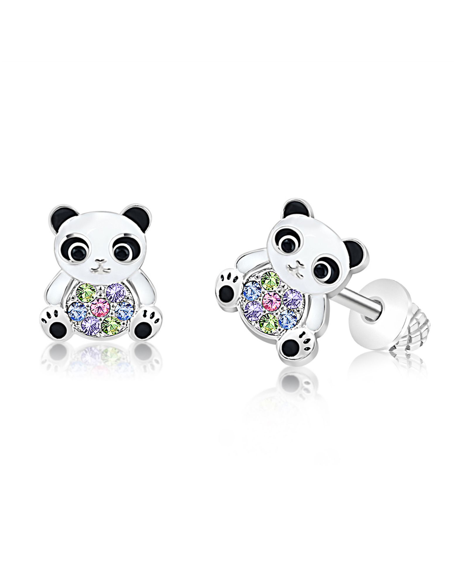 Серьги Chanteur Girls Panda Enamel Multi-color Crystal White Gold Palladium Plating Screwstud