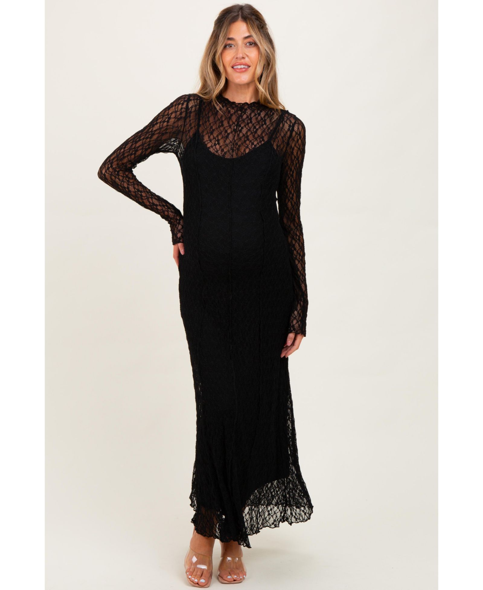 Pinkblush Women's Beige Lace Mock Neck Long Sleeve Maxi Dress
