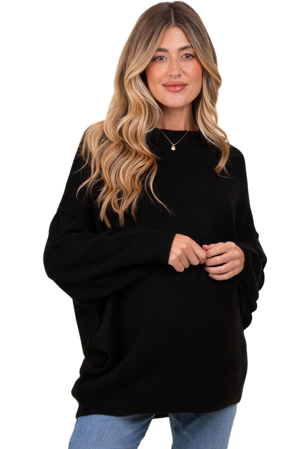Pinkblush Women's Beige Oversized Crewneck Melange Knit Sweater