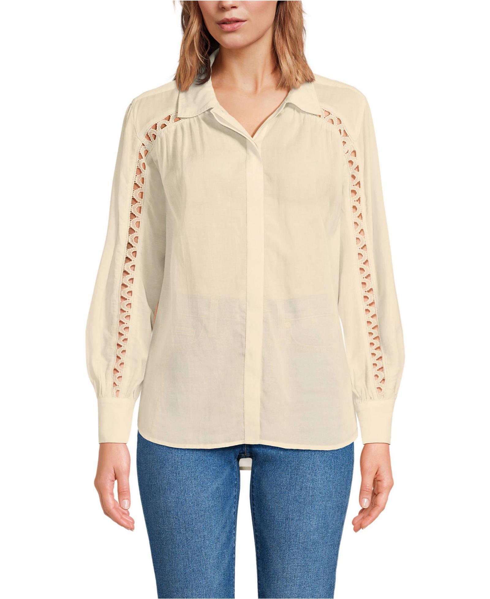 Lands' End Women's Voile Shirred Trim Insert Shirt