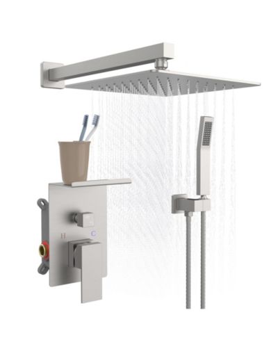 RAINSKEN Rainfall Shower System With Storage Rack 10 inch Shower Faucet Set Brushed Nickel with High Pressure with Square Shower Head