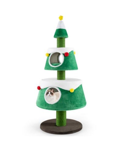 Gymax Christmas Cat Tree for Indoor Cats w/ 2 Condos Sisal Scratching Posts Spring Toy