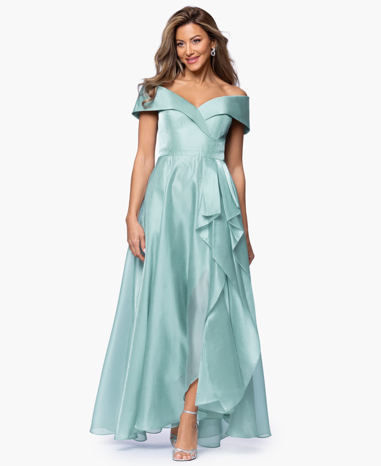 XSCAPE Women's Sweetheart Neck Off-The-Shoulder Ruffle Long Dress
