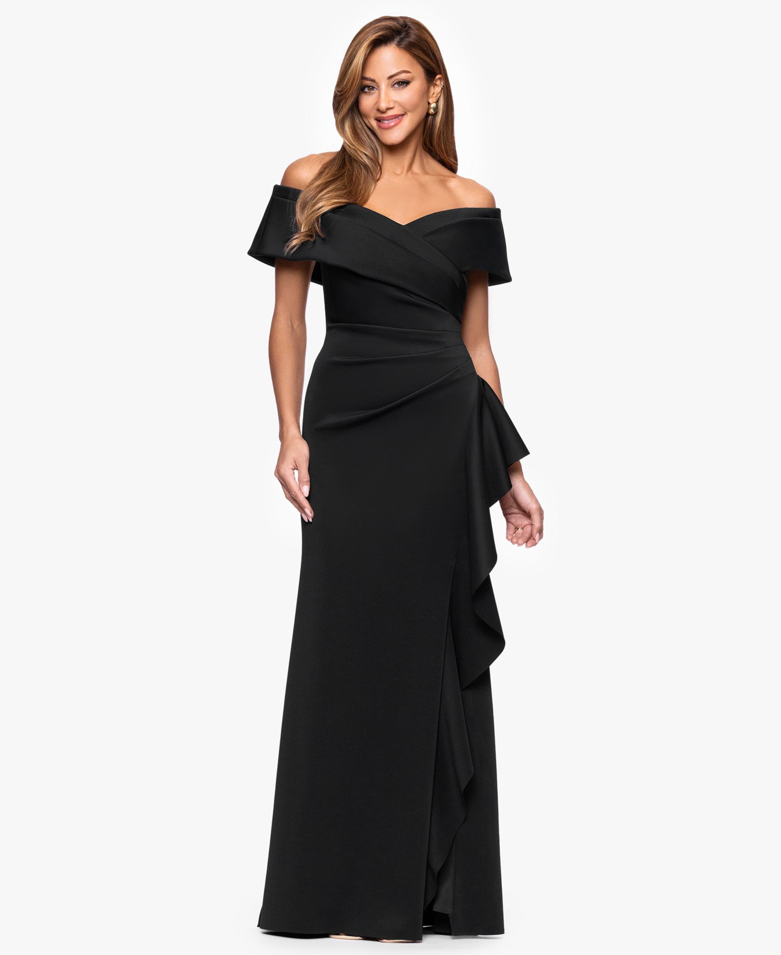 XSCAPE Women's Sweetheart Neck Side Ruffle Off-The-Shoulder Long Dress