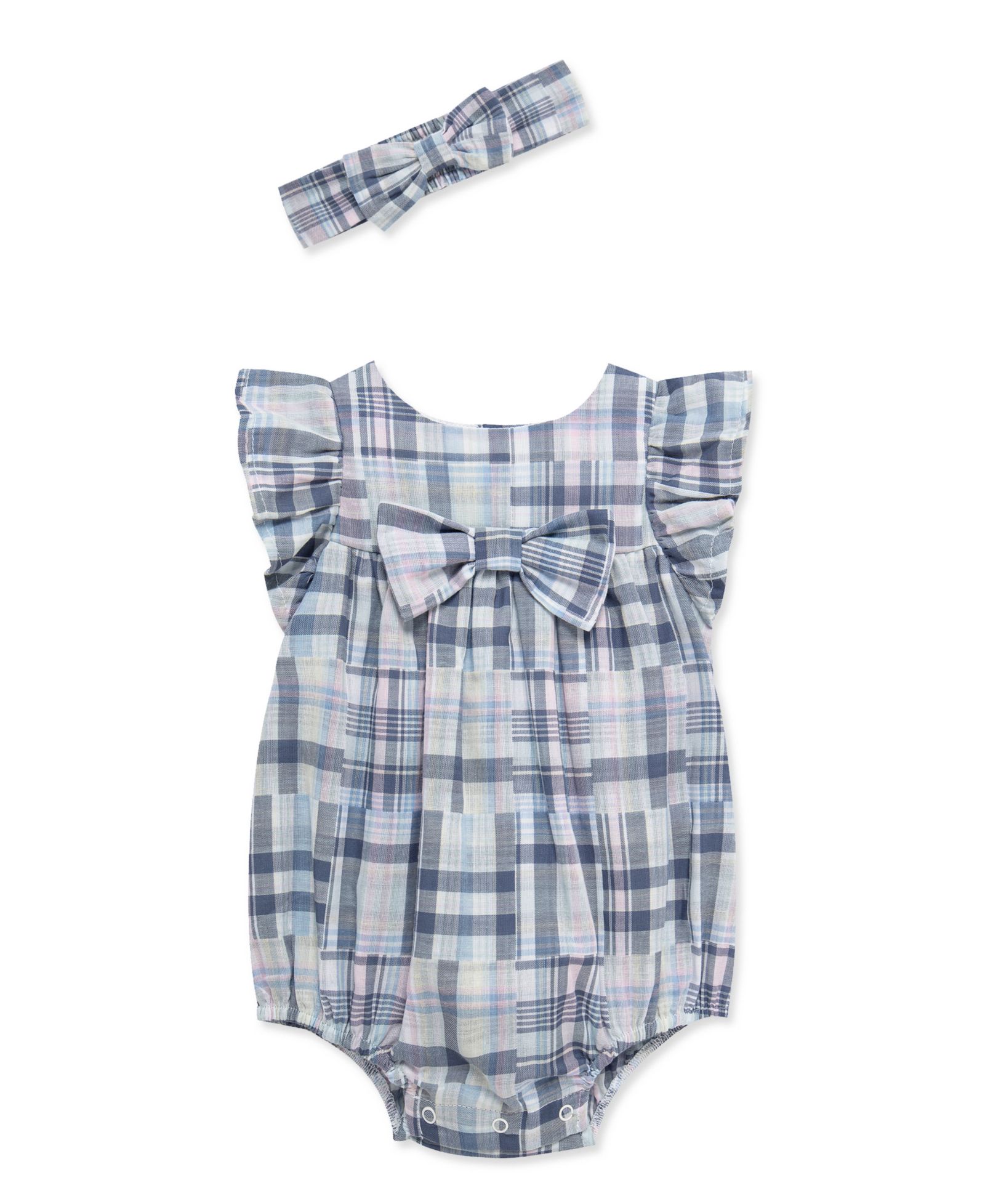 Little Me Baby Girls' Plaid Pattern 100% Cotton Bodysuit and Headband, 2-Piece Set