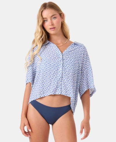 Roxy Juniors' Hazy Dazy Crop Button-Up Swim Shirts
