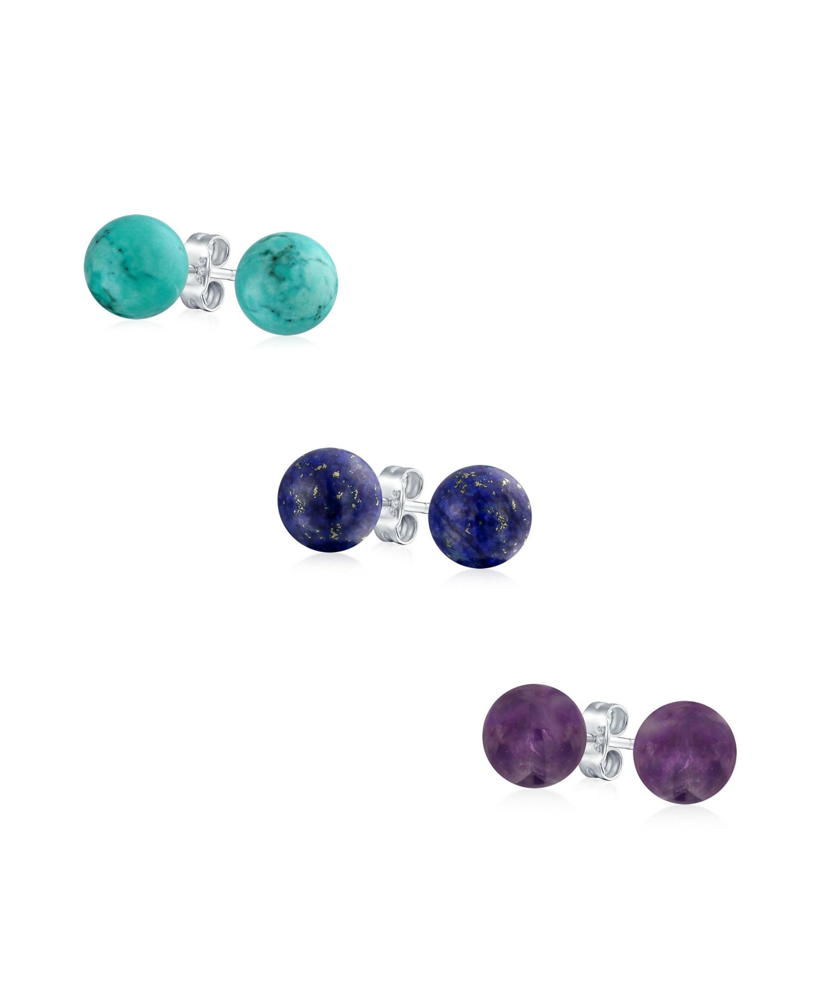 Bling Jewelry Lapis, Amethyst, Turquoise Bead Ball Stud Earrings Sterling Silver( 3 Set)