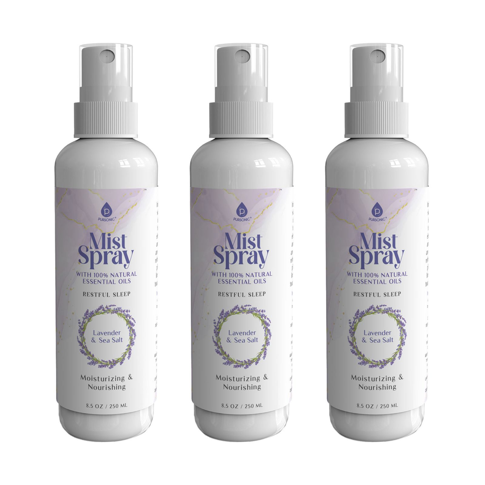 Pursonic Lavender & Sea Salt Aromatherapy Mist Spray Bundle – 3-Pack with 100% Natural Essential Oils