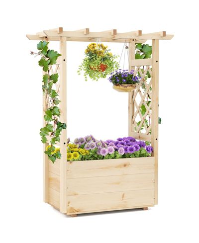 Gymax Wooden Raised Garden Bed/ Lattice Trellises Hanging Roof Drainage Indoor Outdoor