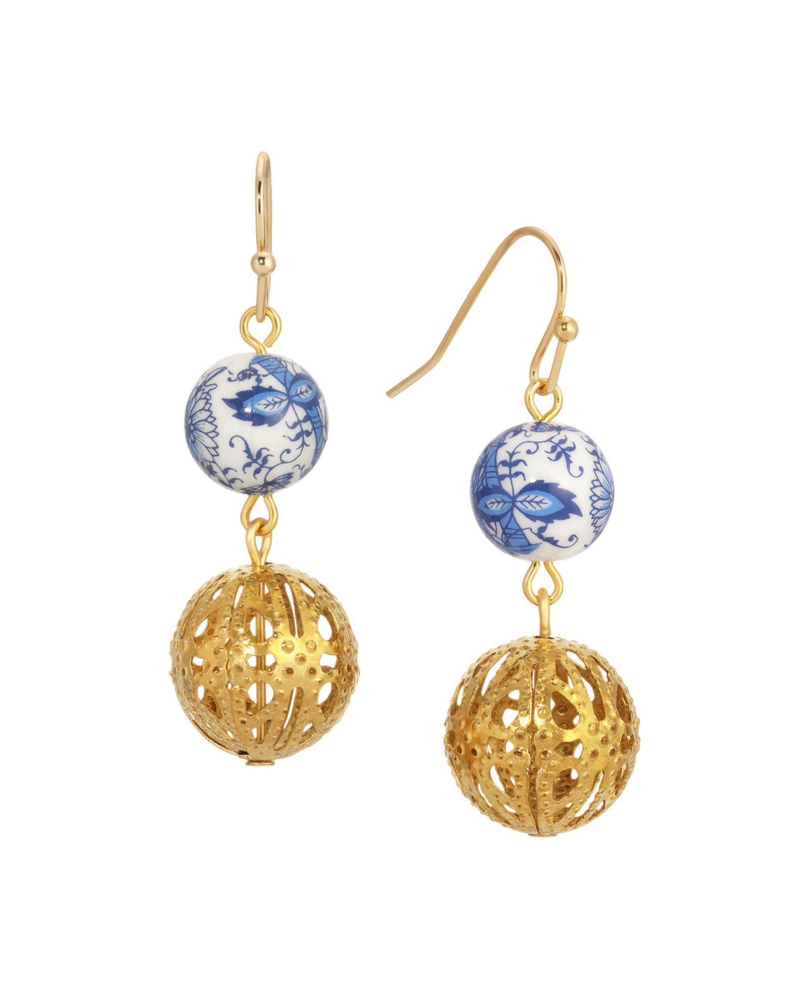 2028 Gold Tone Blue Willow Bead Drop Earrings