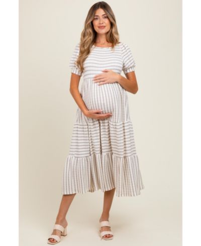 Женское платье Pinkblush Dusty Olive/ Cream Striped Short Sleeve Tiered Maxi