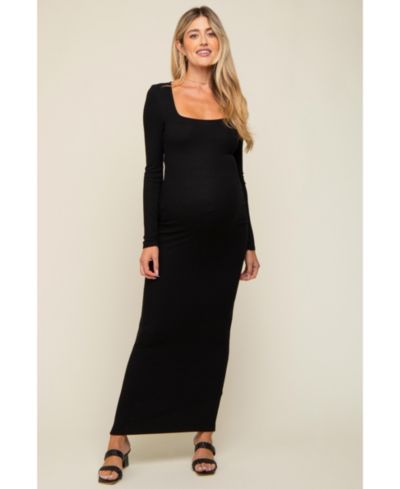 Pinkblush Women's Black Ribbed Long Sleeve Square Neck Maxi Dress