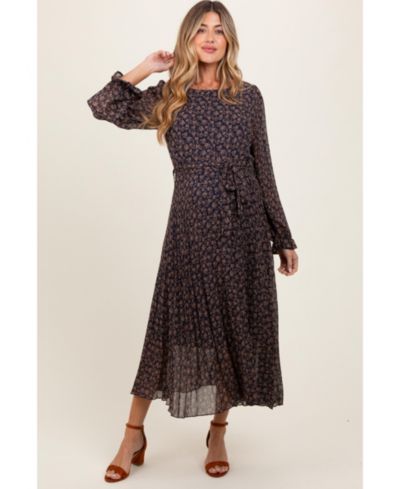 Pinkblush Women's Navy Blue Floral Front Tie Pleated Midi Dress
