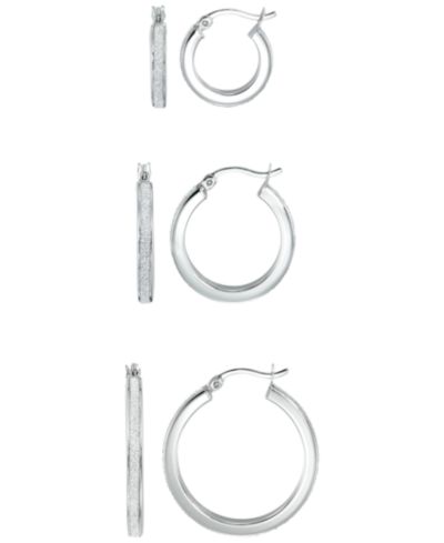 Macy's Polished Glitter 3-Pc. Set Hoop Earrings in Sterling Sliver