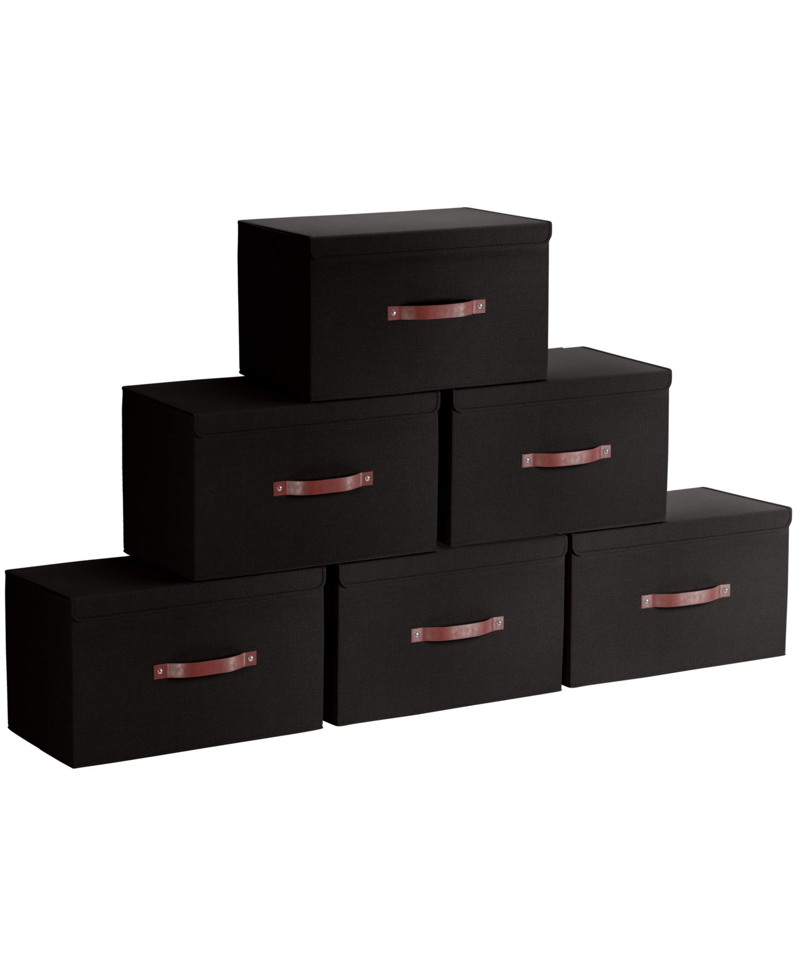 Ornavo Home 6 Pack Foldable Linen Storage Bin with Faux Leather Handles and Lid