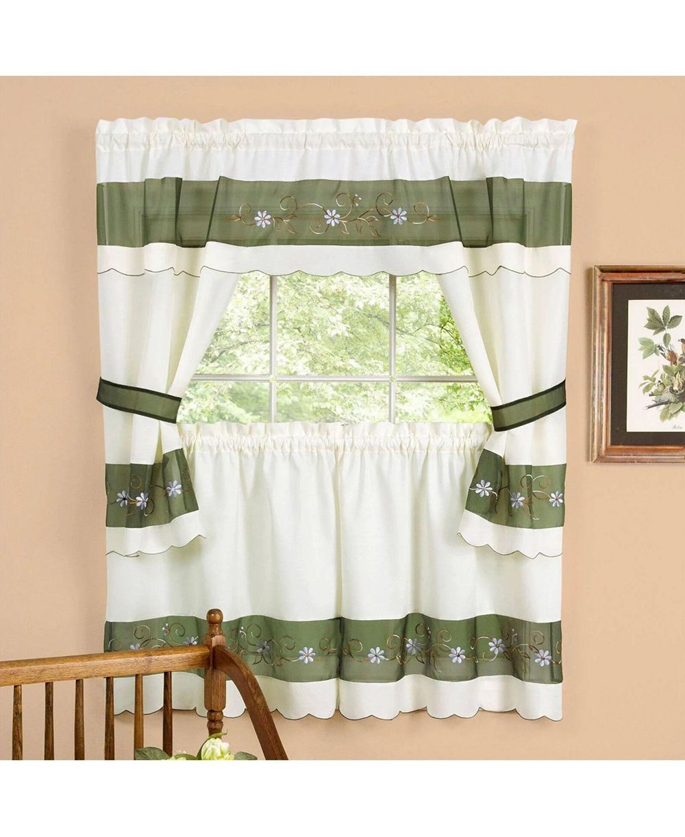 Kate Aurora 5 Piece Embroidered Floral Kitchen Curtain Tier Curtain Valance and Tiebacks Set