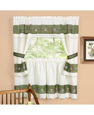Kate Aurora 5 Piece Embroidered Floral Kitchen Curtain Tier Curtain Valance and Tiebacks Set