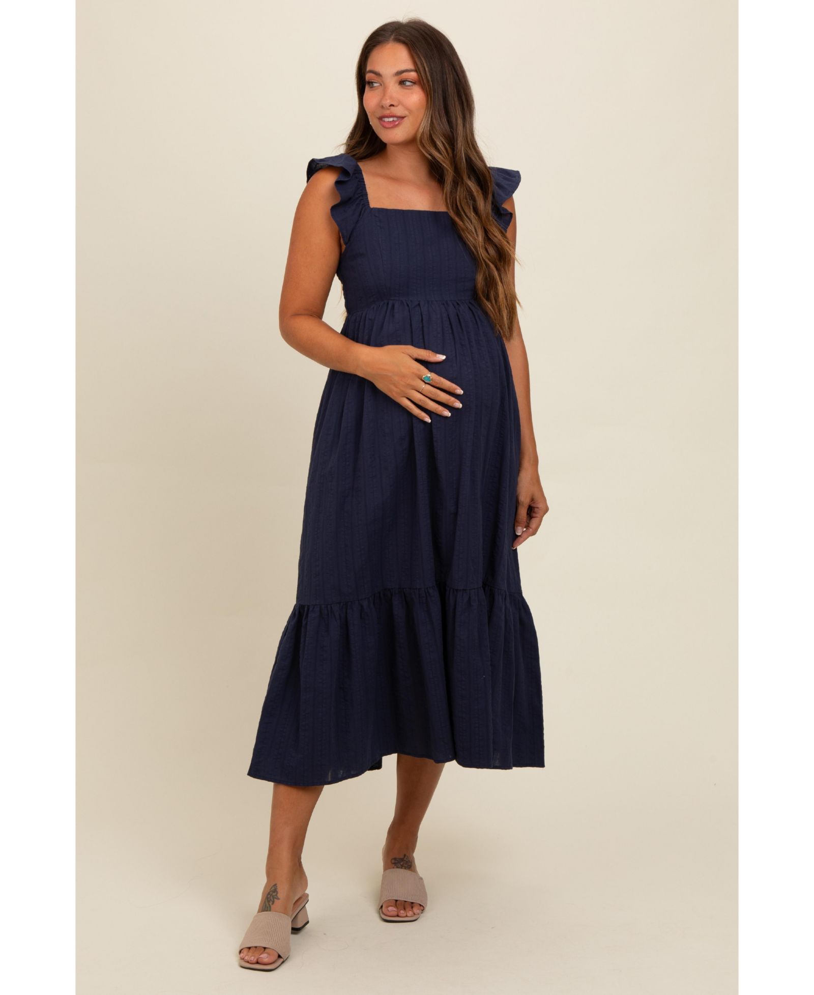 Женское миди-платье Pinkblush Navy Blue Textured Cotton Ruffle Strap