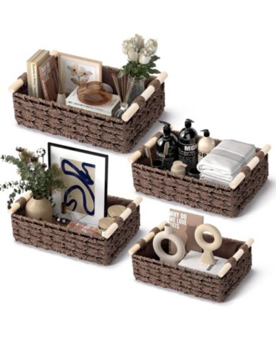 SUGIFT Woven Storage Baskets with Wooden Handles, Set of 4
