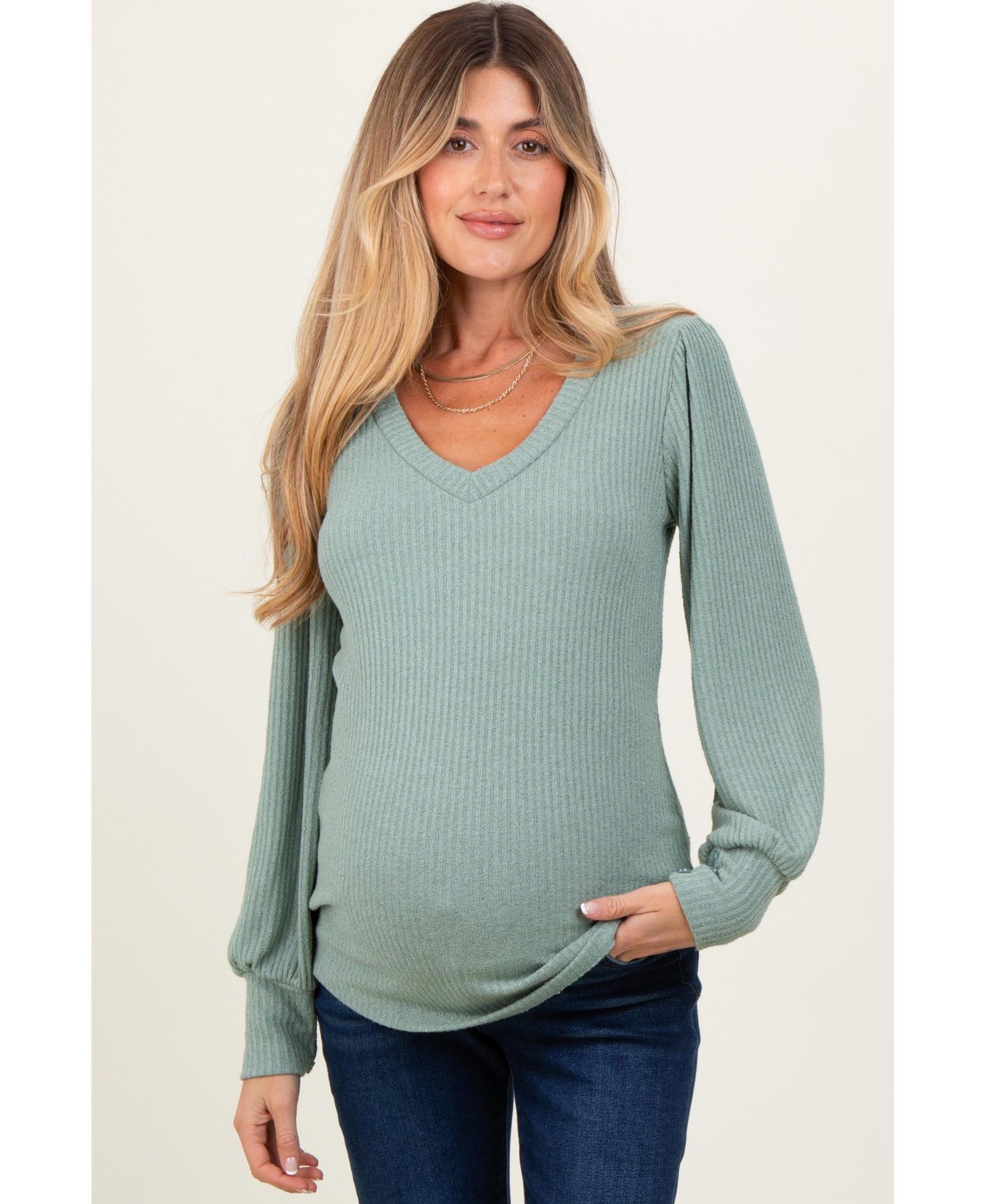 Pinkblush Women's Light Olive Ribbed Knit V-Neck Button Cuff Top