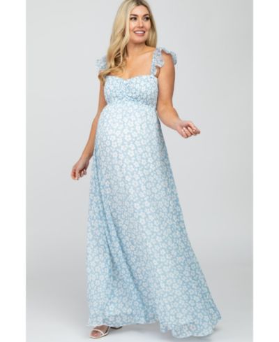Pinkblush Women's Light Blue Floral Chiffon Sweetheart Neck Off Shoulder Maxi Dress