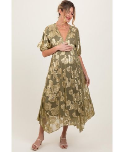 Pinkblush Women's Olive Metallic Floral Jacquard Overlay Maxi Dress