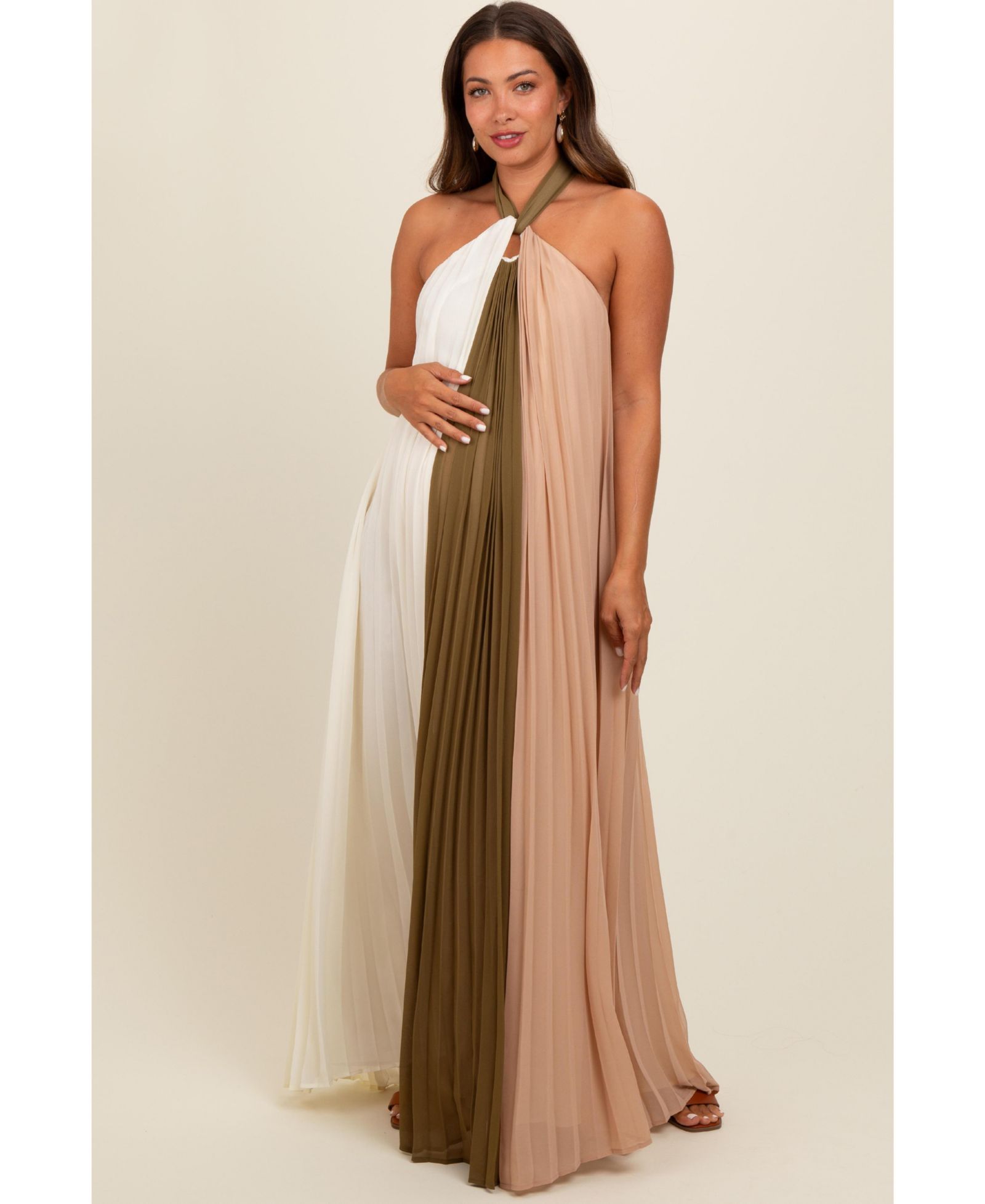 Pinkblush Women's Colorblock Pleated Halter Neck Maxi Dress