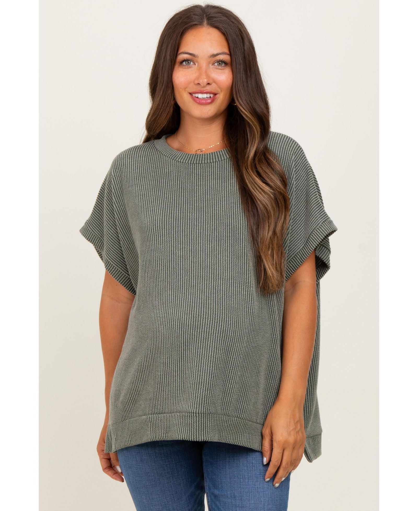 Pinkblush Women's Mocha Solid Ribbed Short Sleeve Oversized Tunic Top
