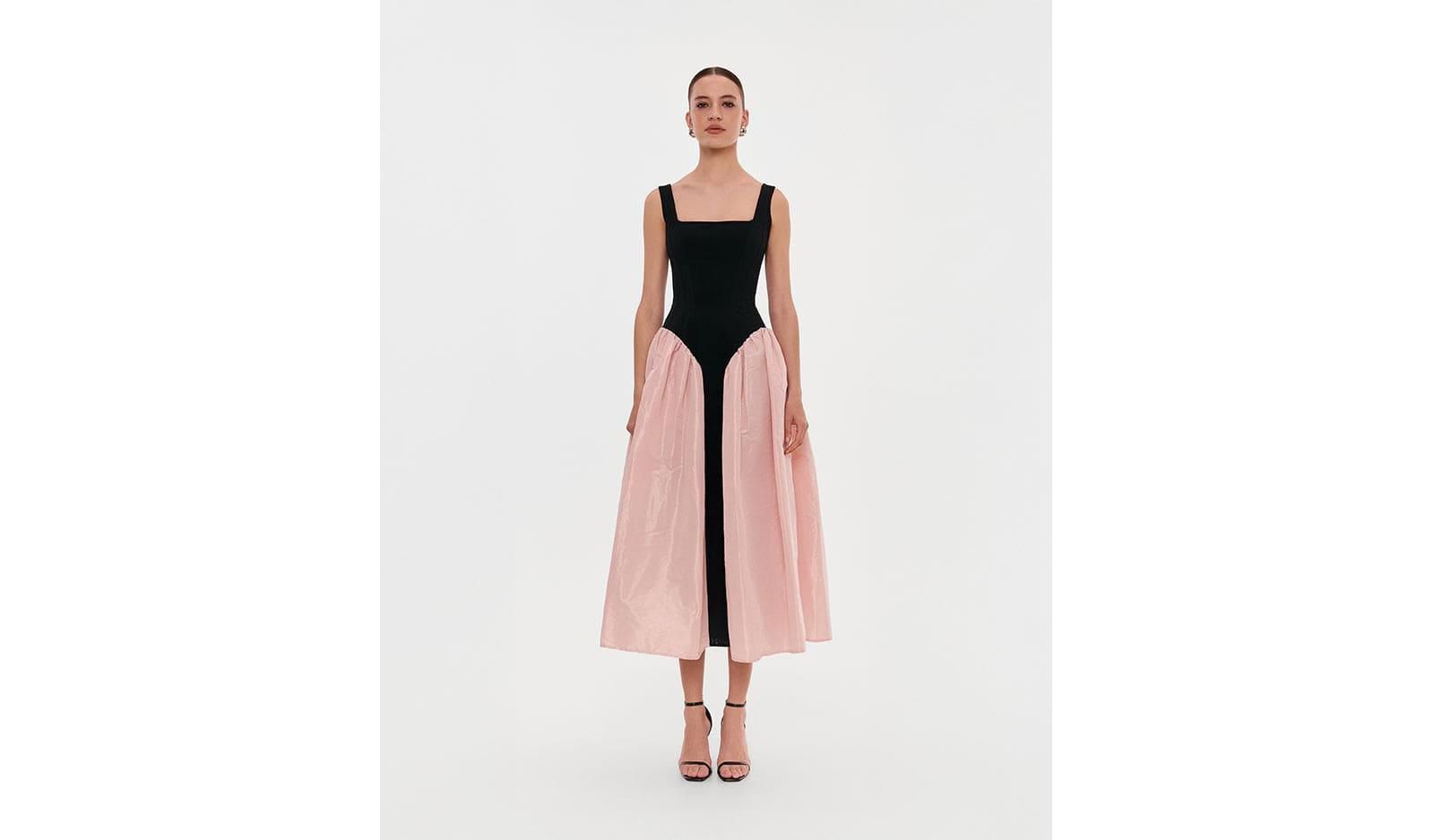 Milla Women's Corset Dress On Straps With A Glossy Midi Skirt