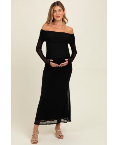 Pinkblush Women's Black Mesh Overlay Off Shoulder Long Sleeve Midi Dress