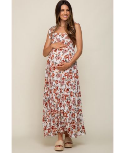 Pinkblush Women's Cream Floral Smocked Shoulder Tie Tiered Maxi Dress