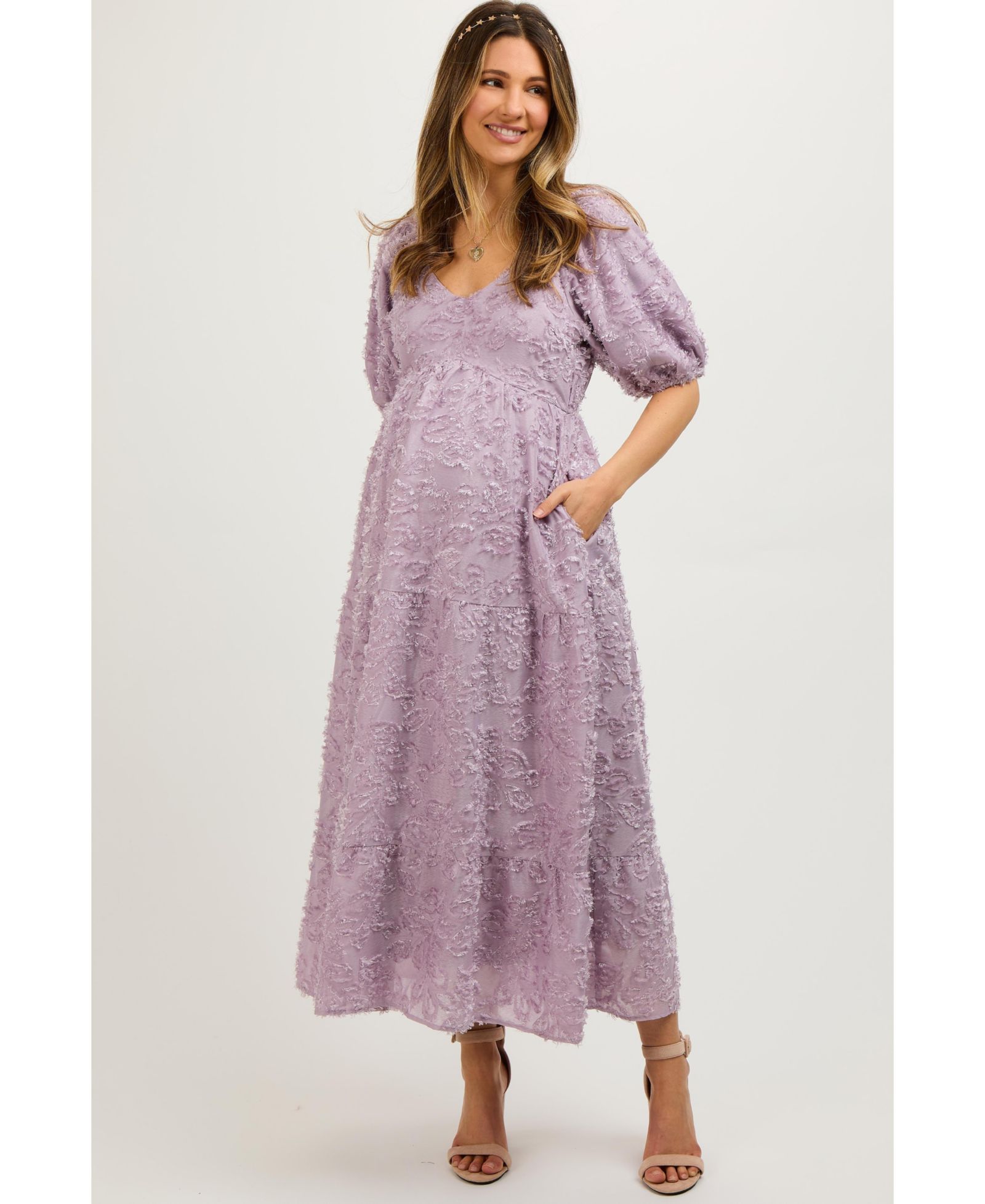 Pinkblush Women's Lavender Fringe Textured Short Puff Sleeve Midi Dress