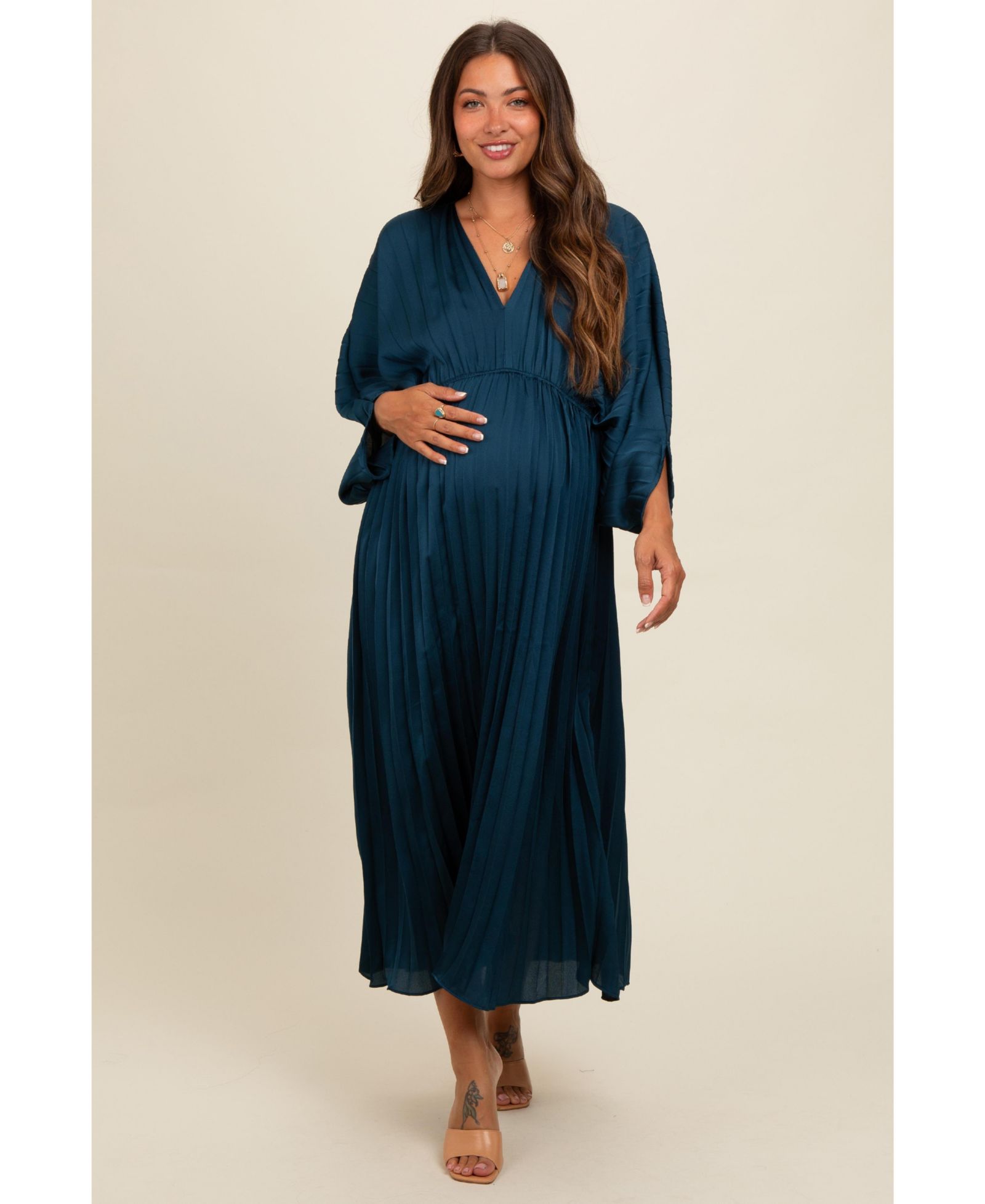 Pinkblush Women's Satin Pleated V-Neck Maxi Dress