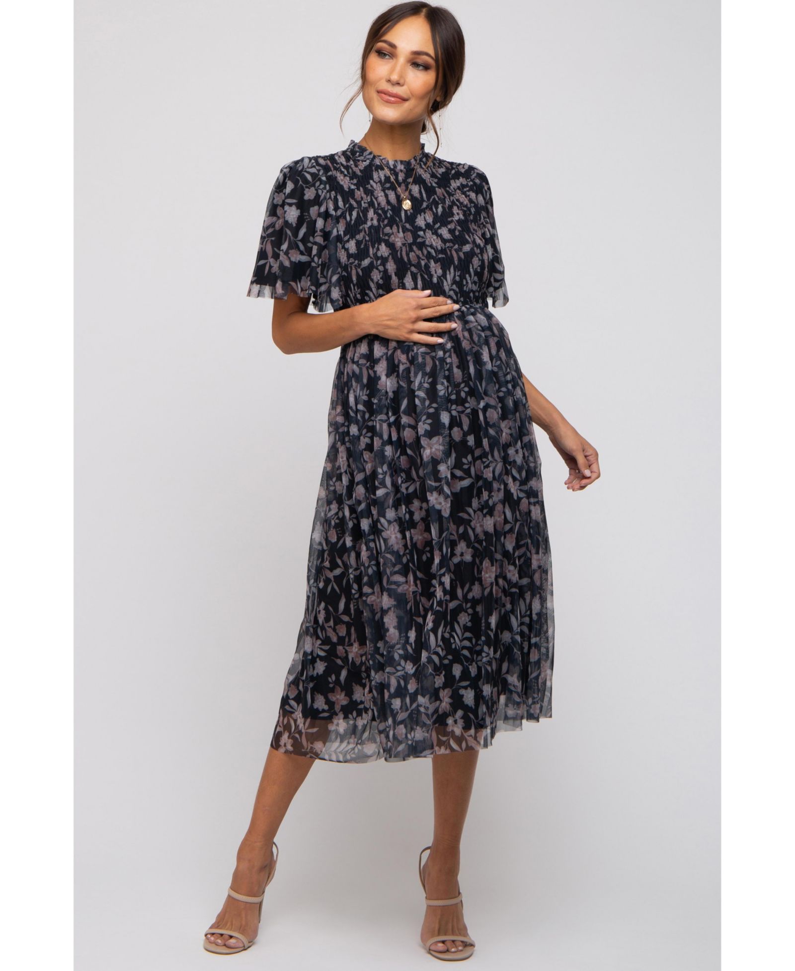 Платье-миди Pinkblush Женское Black Floral Smocked Mesh Knit