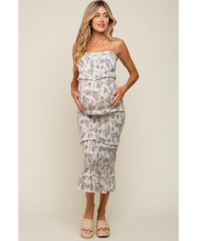 Pinkblush Women's Cream Floral Smocked Fitted Midi Dress