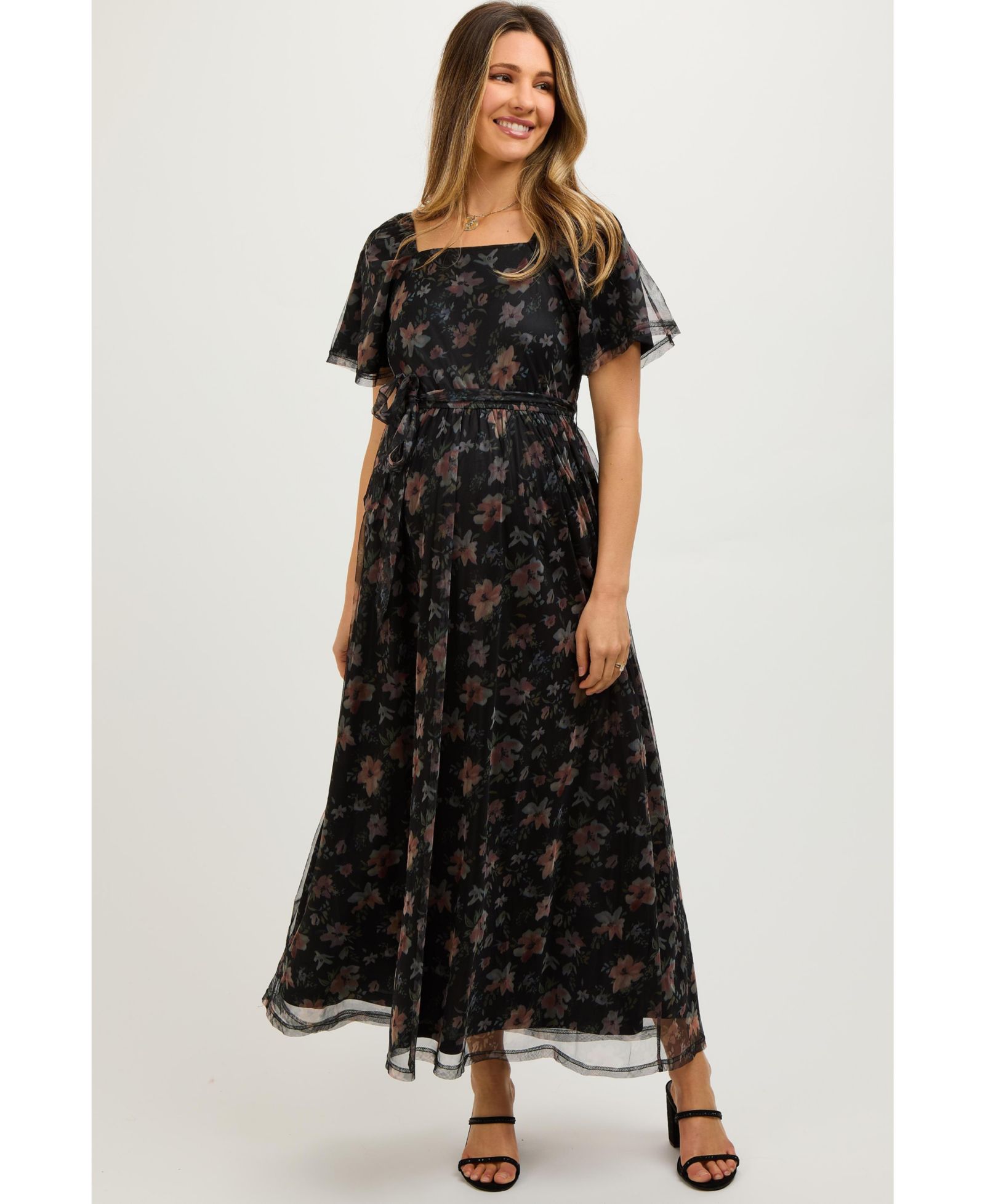 Женское миди-платье Pinkblush Black Floral с завязками на талии