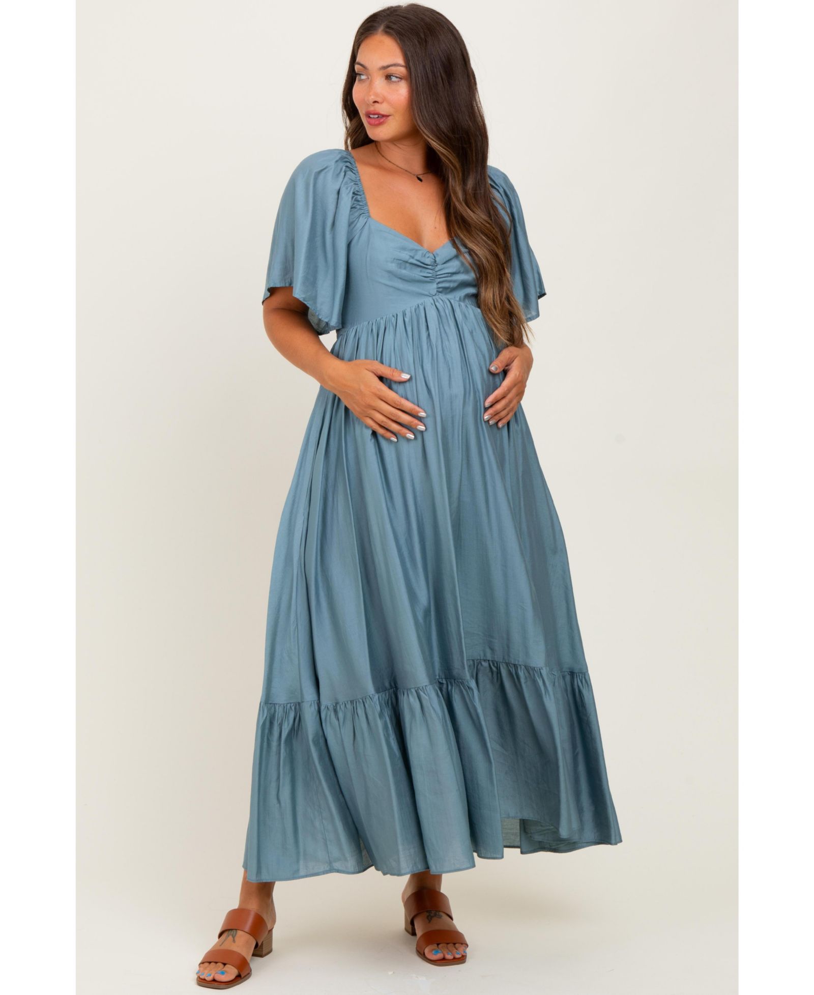 Платье Pinkblush Women's Blue Flutter Sleeve Ruffle Hem Midi