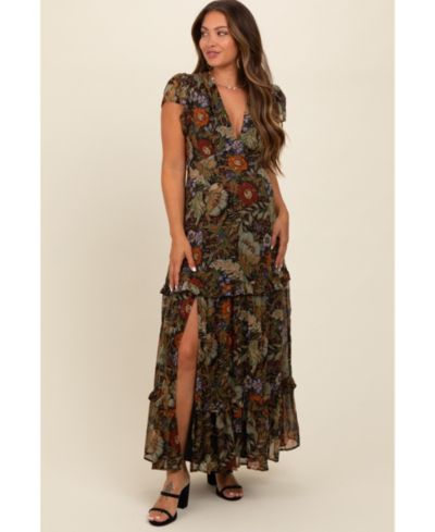 Pinkblush Women's Black Floral Deep V-Neck Tiered Maxi Dress